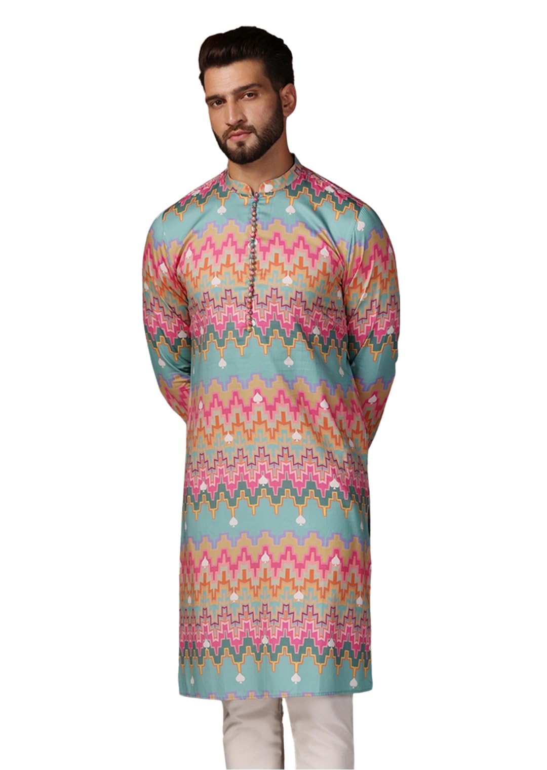 Kisah Mens Kurta, Multi Cotton Blend, Woven Design Regular Fit Mandarin Collar Long Sleeves (M) Multicolour