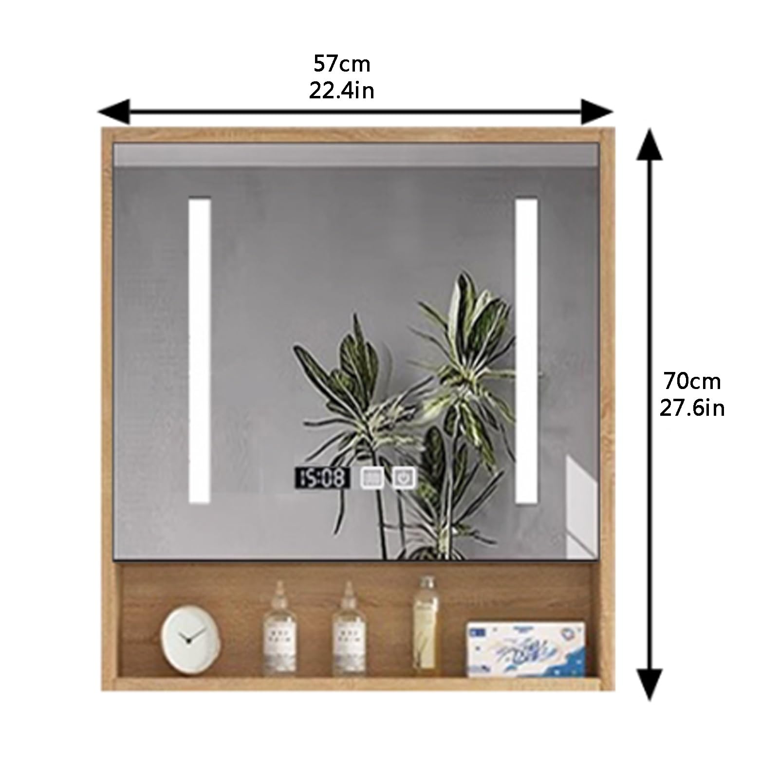 Specchio da Bagno a LED con Contenitore - Armadietto per medicinali in Legno massello, antiappannamento, Display dell'ora, Interruttore Touch Intelligente, Specchio da Trucco con luci per ba