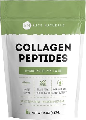 Kate Naturals Péptidos de colágeno en polvo para cabello, piel, uñas y articulaciones (16 onzas, hidrolizado, sin sabor) colágeno bovino alimentado