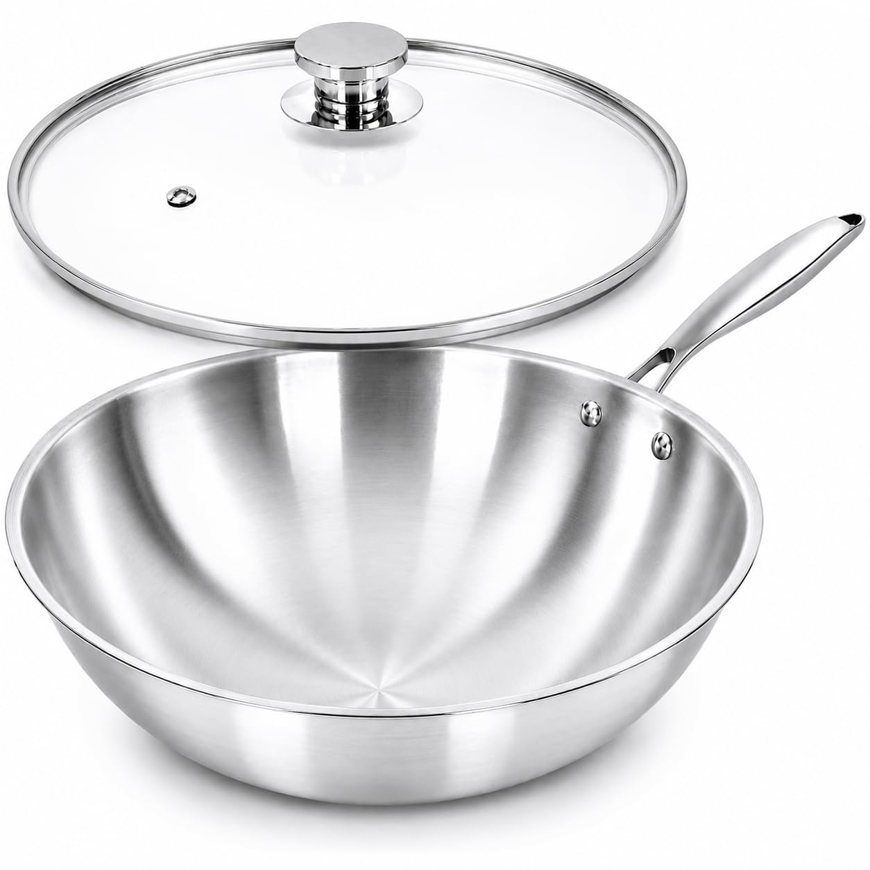 ⌀30 cm Wok Pfanne aus Edelstahl, unbeschichtet & langlebig, 3-lagiges Material für optimale Wärmeverteilung, mit Glasdeckel, vielseitig verwendbar, für alle Herdarten geeignet