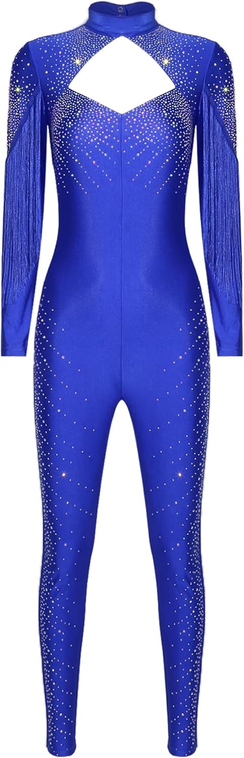 [TiaoBug] 女性用 長袖 タッセル ダンス ジャンプスーツ キラキラ モックネック 体操 ユニタード 大人 フィギュアスケー
