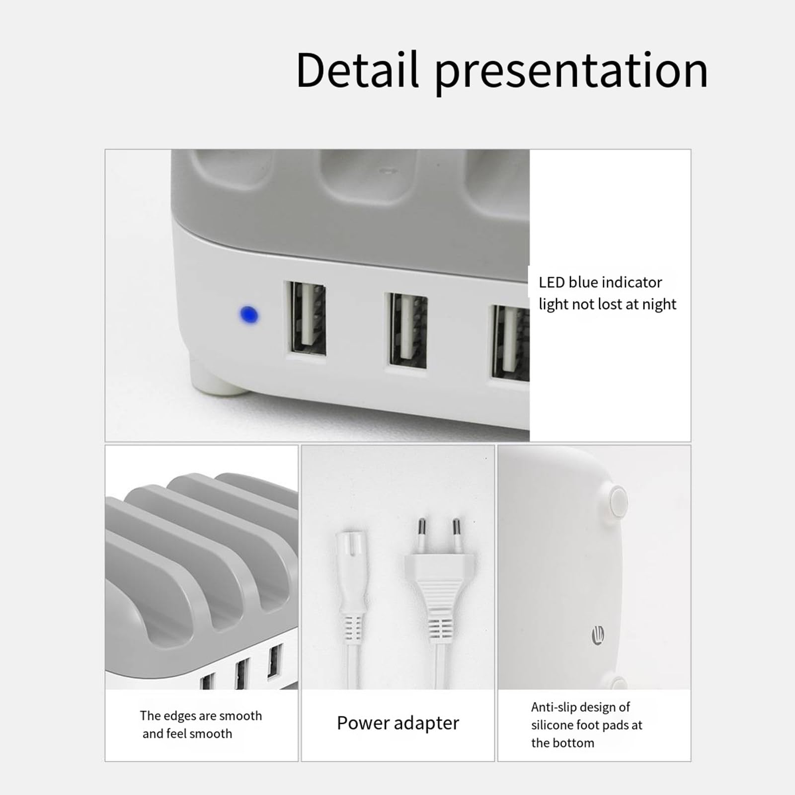 Caricatore USB a 5 porte Slot per presa USB-A multipla Stazione dock di ricarica rapida Adattatore di alimentazione multi USB con supporto,White