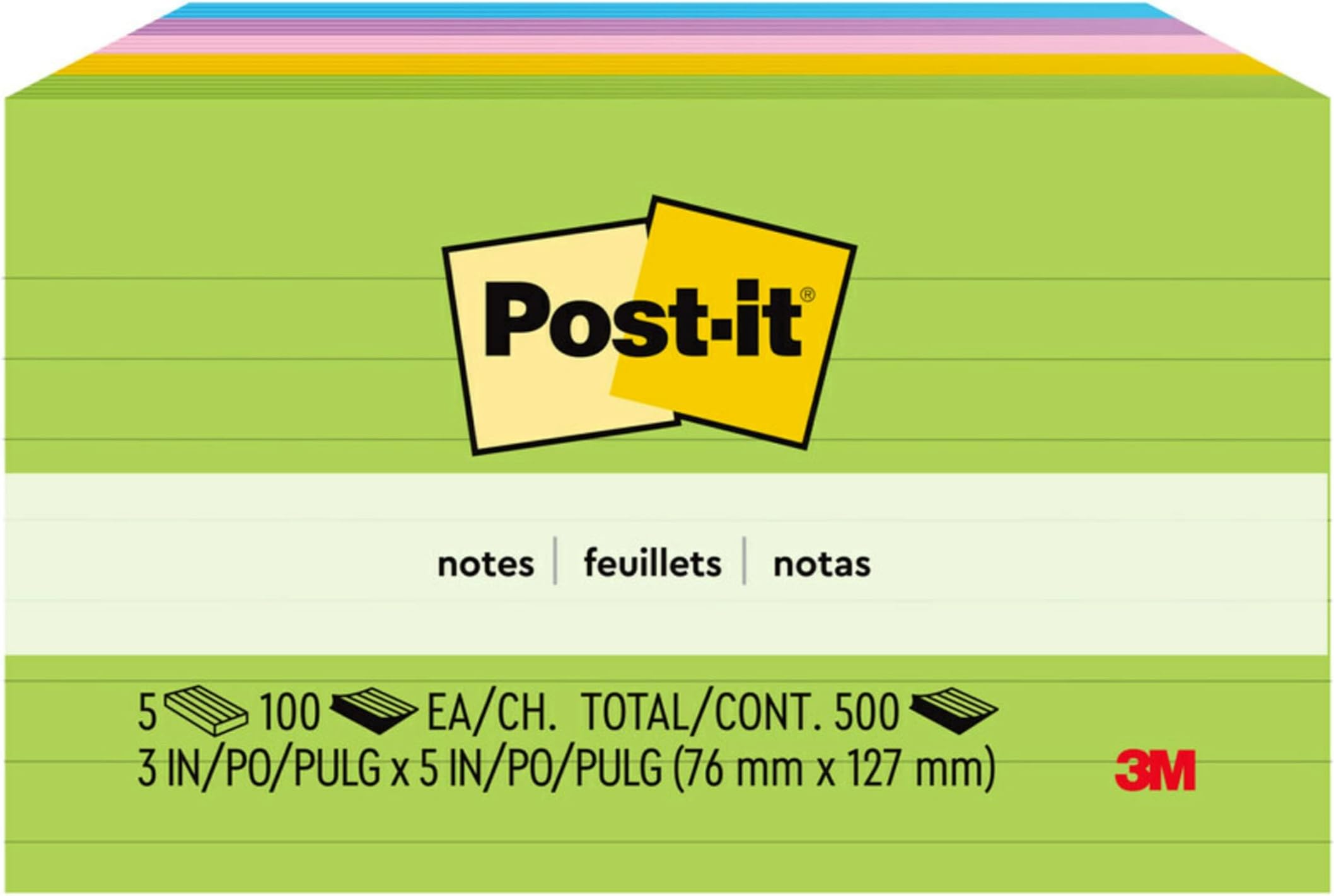 Notes, 3 in x 5 in, 5 Lined Sticky Notes Pads, 100 Sheets per Pad, Floral Fantasy Collection, School Supplies and Oﬃce Products