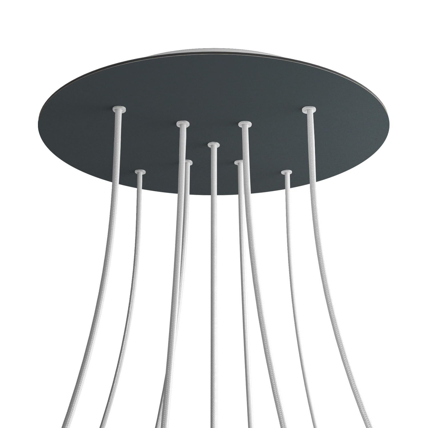 creative cables Rosone XXL rotondo bianco linea Rose-One (serracavo conico, dibond antracite, 9 fori a X e 4 fori laterali) – Per lampadari e sospensioni multiple