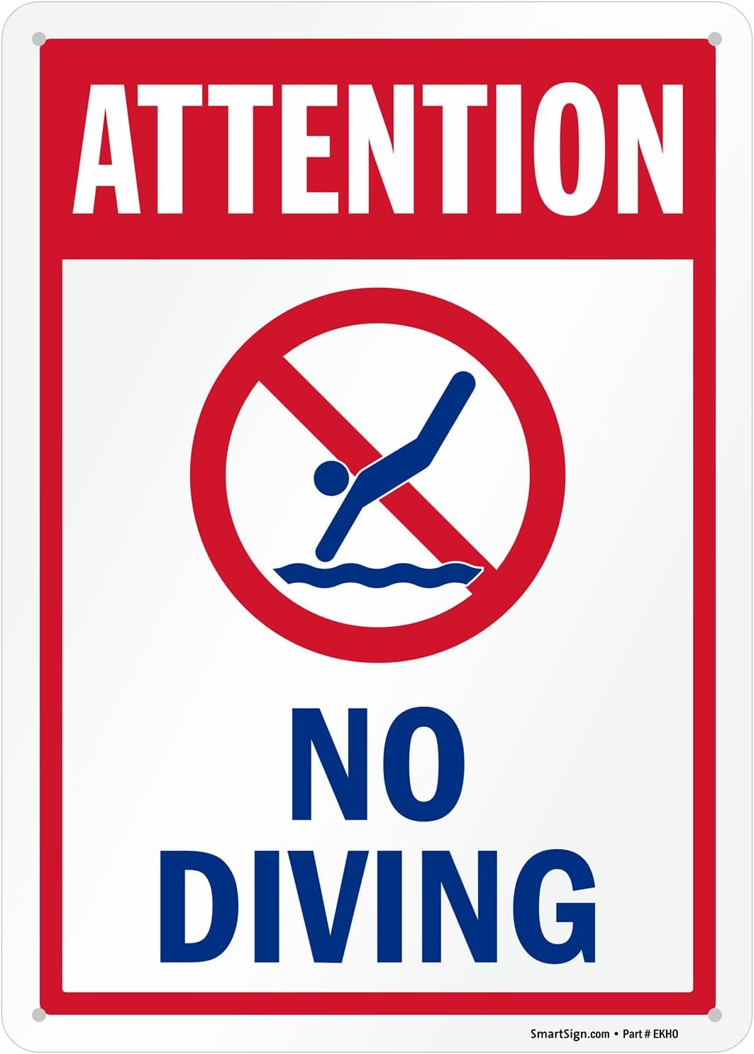 SmartSign 14 x 10 inch “Attention - No Diving” Pool Metal Sign, 40 mil Laminated Rustproof Aluminum, Red, Blue and White, Made in USA