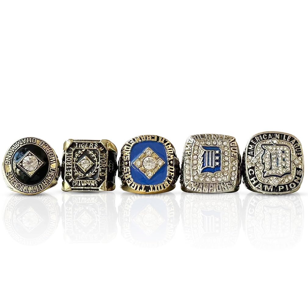 RyDdpz GIFT SET DETROIT COMMEMORATIVE RINGS FOR 5-TIMES BASEBALL CHAMPIONSHIPS, 5 RINGS SET WITH 5-HOLE WOODEN DISPLAY BOX PACKAGING, HOLIDAY GIFT FOR BASEBALL FANS