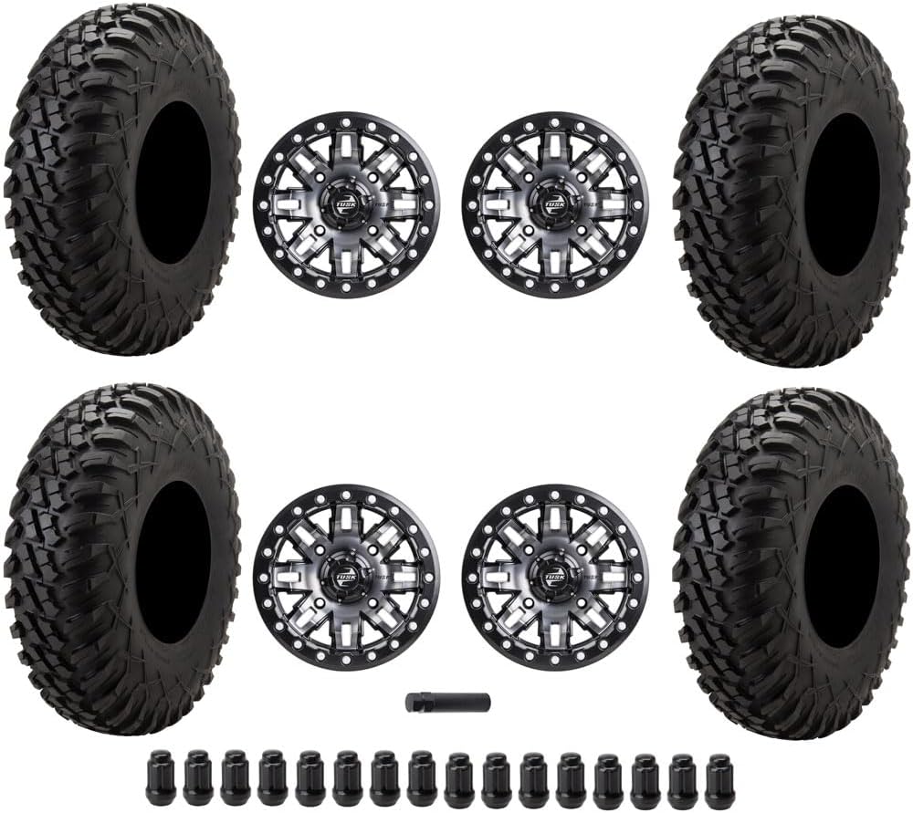 Four 35x10.5-15 Tusk TERRABITE Heavy Duty 8-Ply Radial UTV Tires mounted on Tusk TETON Beadlock Wheels- For CAN MAVERICK X3 UTVs - 4/137 bolt pattern - Includes Lug Nuts (Gun Metal)