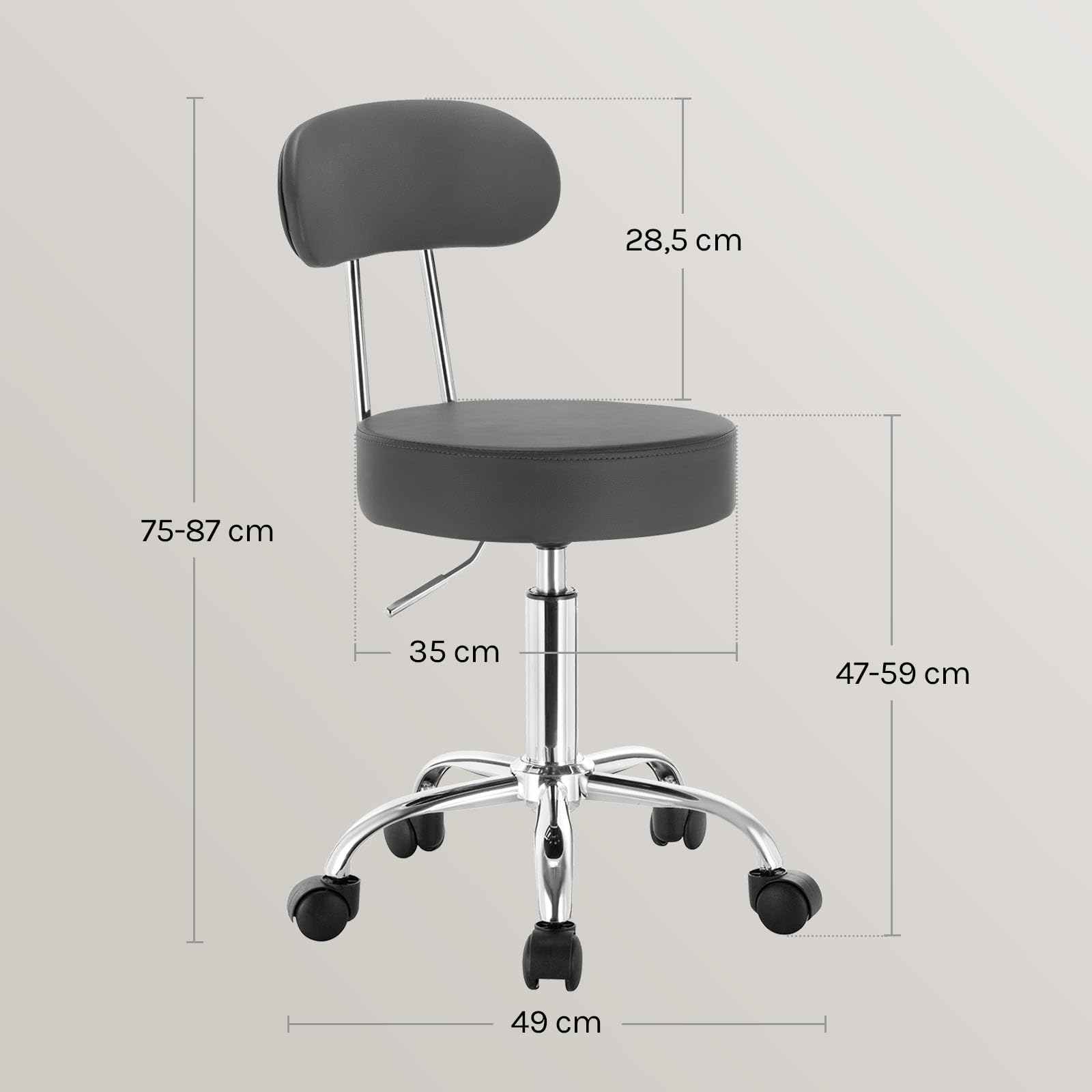 WOLTU Rollhocker Schminkhocker Hocker höhenverstellbar mit Rollen & Lehne Grau Arbeitshocker 360° Drehhocker Bürostuhl Kosmetikhocker für Werkstatt, Schönheitssalons, Studios, Tätowierungen