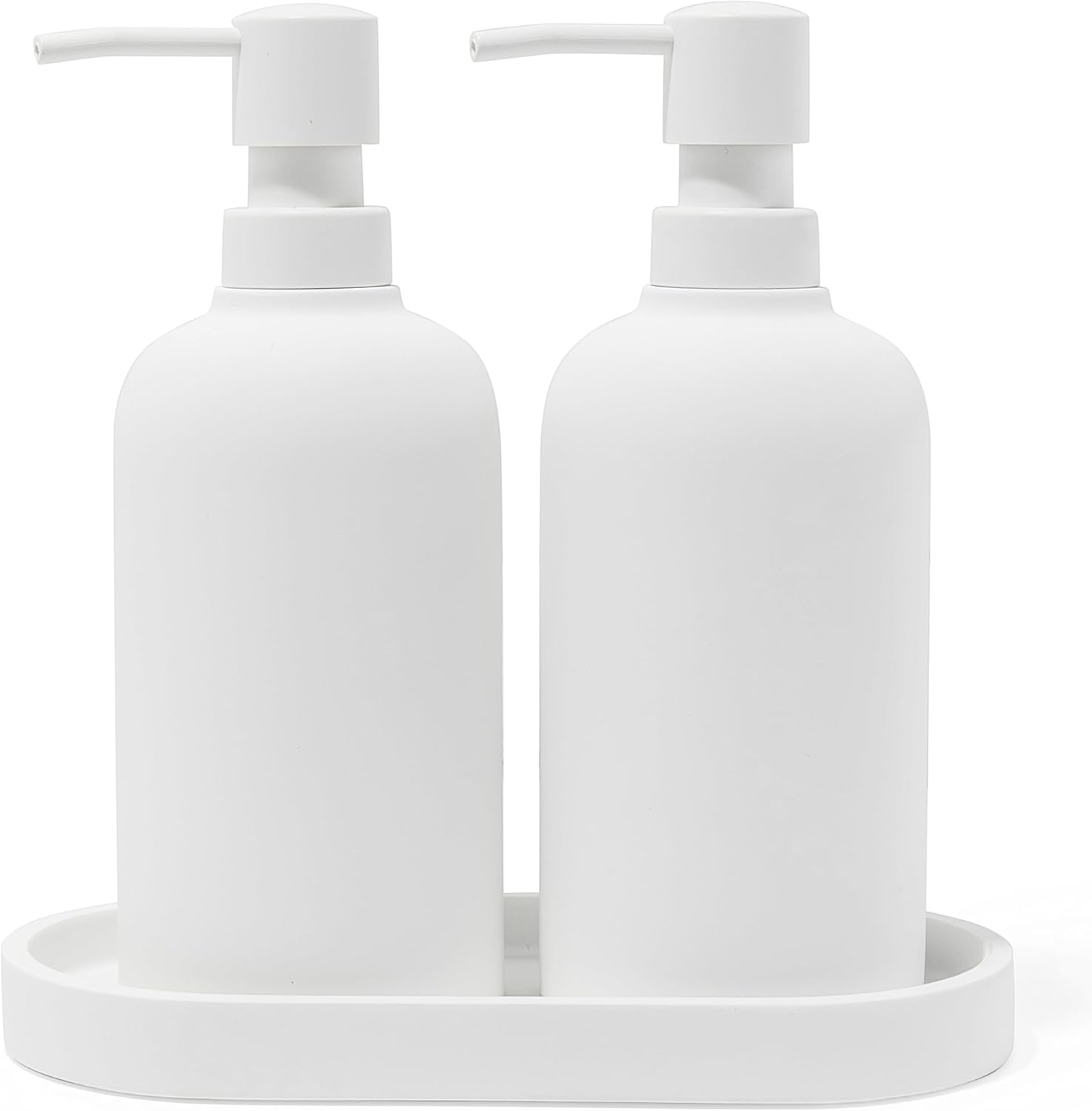 Matte White Round Soap Dispenser Set with Tray for Kitchen, Countertop & Bathroom – 2 Pack 15 oz Refillable Resin Pump Bottle for Dish Soap, Hand Soap, Shampoo, Conditioner – Non-Slip Protective Pads