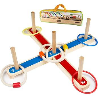 Throwing Game Quoits, Ulifeme Garden Games for Children and Adults, 5 Pieces Wooden Rope Rings + 8 Pieces Colorful Rings For