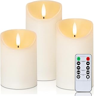 Homemory Flickering Flameless Candles, Realistic LED Candles with Remote and Timer, Textured Wax with Water Ripple, Battery Operated Wax Candles, Set of 3, Ivory