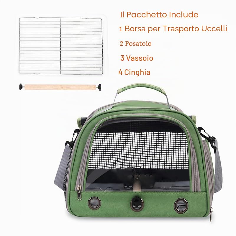 Trasportino portatile per uccelli, verde, con trespolo e finestra laterale, per parrocchetti e piccoli pappagalli