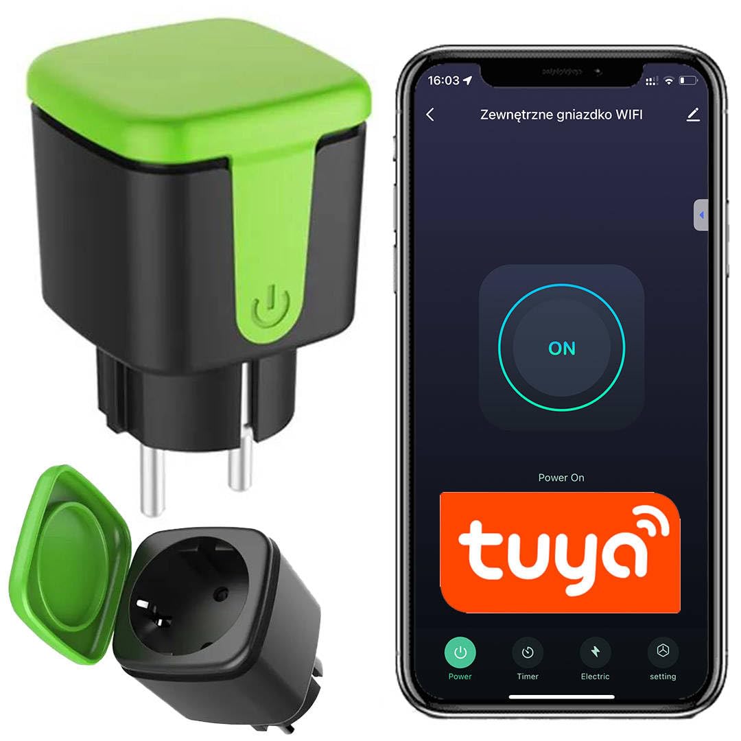 Inteligentne gniazdko ZEWNĘTRZNE Wifi Tuya 16A Pomiar prądu | 3680 W, programator czasowy, 2,4 GHz, alexa google, bez hub, outdoor