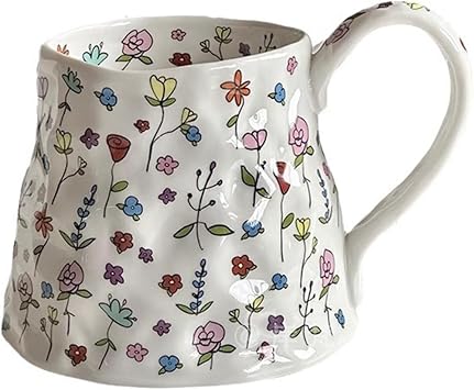 Cute Ceramic Coffee Mug,Big Creative Flower Printed Handmade Mugs Flowers Cup for Office Home 18 oz/500 ml for Latte Tea MilkWhite