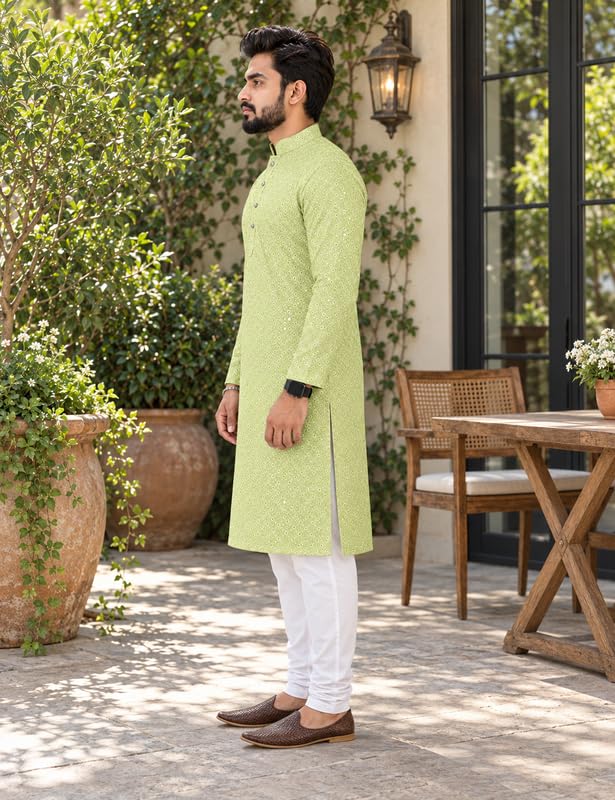 Image of Men's Lakhnawi Chikankari Kurta Set Cotton Ethnic Kurta Pajama for Men Wedding Festive Designer Indian Outfit Stylish Embroidered Kurta Set