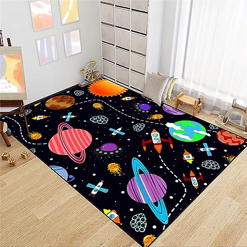 Outer Space Rug for Boys - 2'×3' Galaxy Carpet for Boys Room Cute Cartoon Universe Planet Area Rug Satellite Rockets Kids Baby Polyester Crystal Floor Mat Kids Play Carpet for Children Bedroom