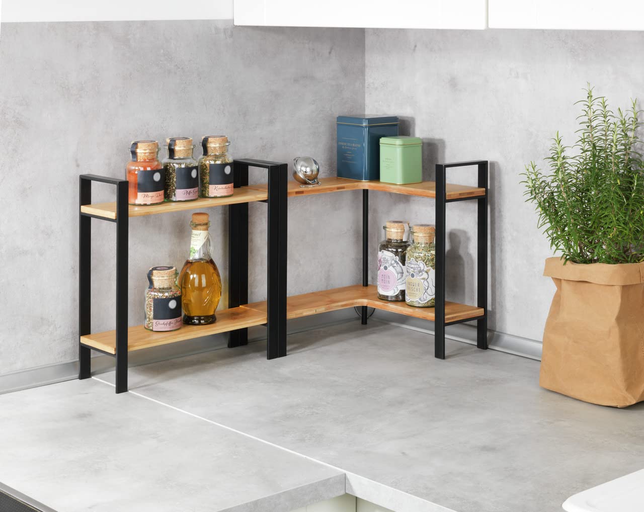 WENKO Étagère de cuisine angulaire Lou, étagère pour plan de travail, en métal avec planches en bambou, à deux étages pour gagner de la place en cuisine (l x h x p) : 30 x 33 x 30 cm, noir/brun clair