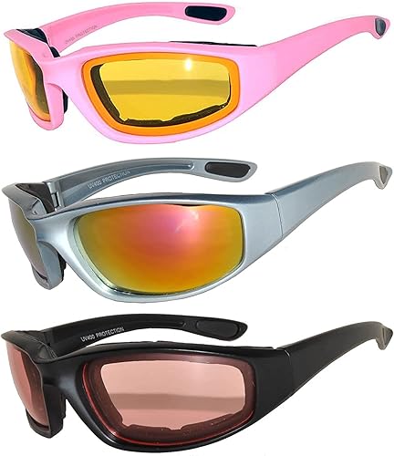OWL Paquete de 3 gafas de sol acolchadas para montar en motocicleta, colores surtidos para hombres y mujeres