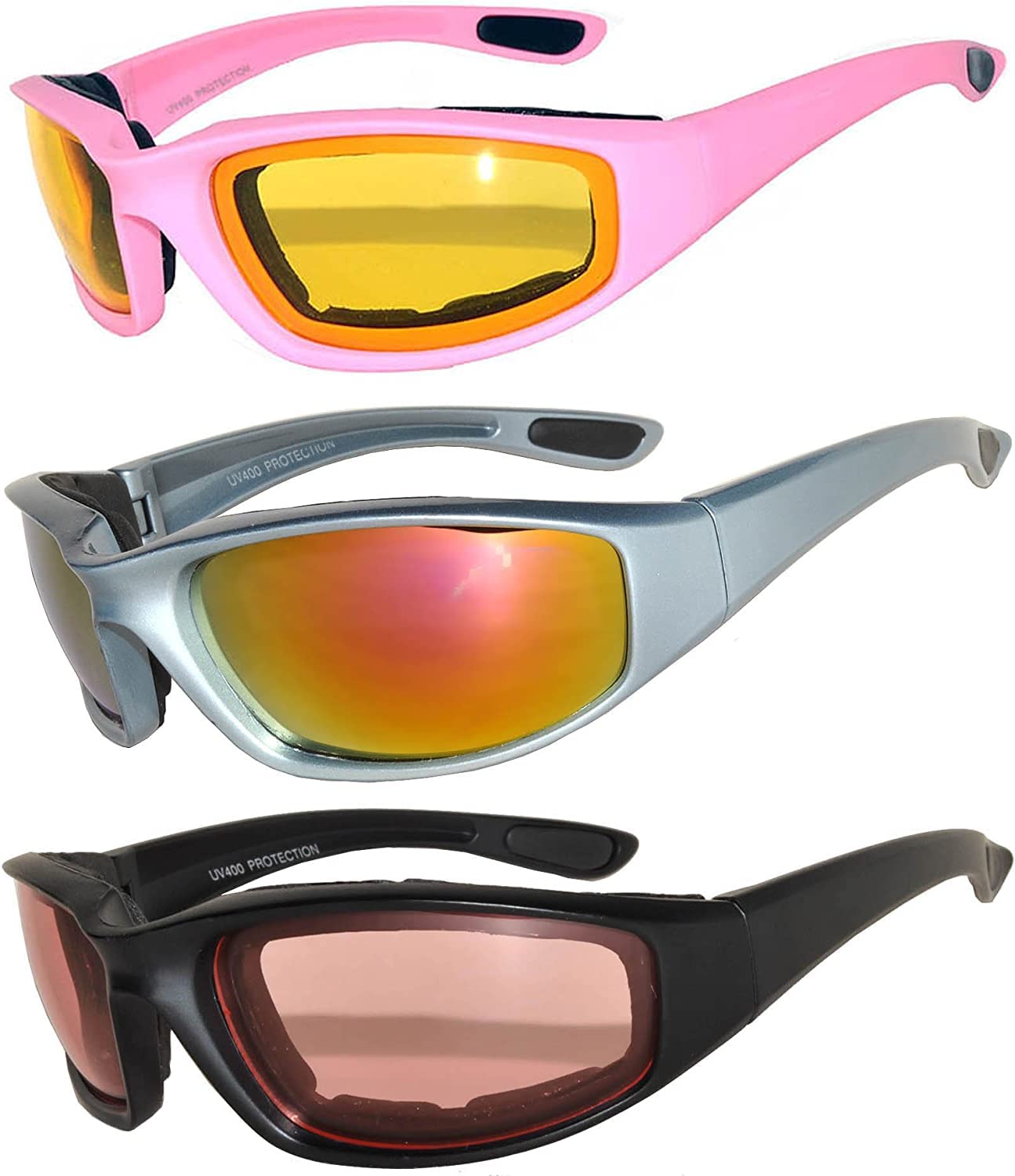 OWL 3 Pack Motorcycle Riding Glasses, Padded Sport Sunglasses, Assorted Colors for Men and Women