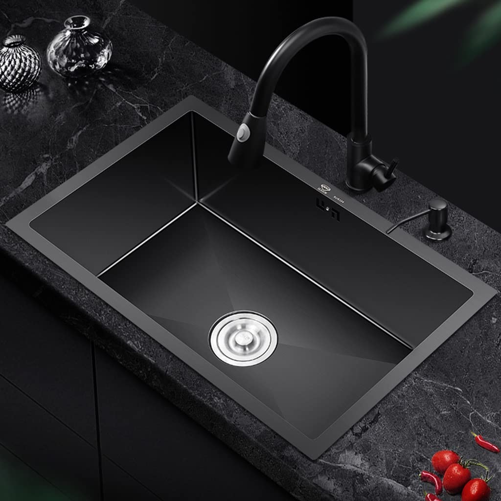 Lavello Rettangolare da Bar da Cucina, lavello in Acciaio Inox con Vasca Singola, Nero, con Rubinetto e Scarico, Montaggio sopra o sottopiano (Nero 60x45x21 cm)