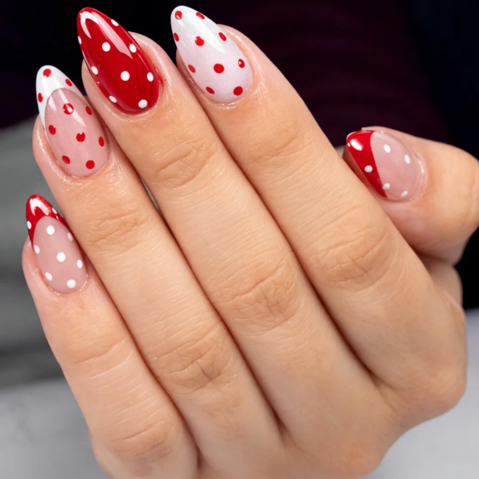 30PCS Candy Red Gloss Press On Nails - Retro Polka Dot Sweet Classic Color Nude Base Cute French Tip Remix - Minimal Pattern for Women Fashion Manicure Daily Wear (Candy Red Gloss)