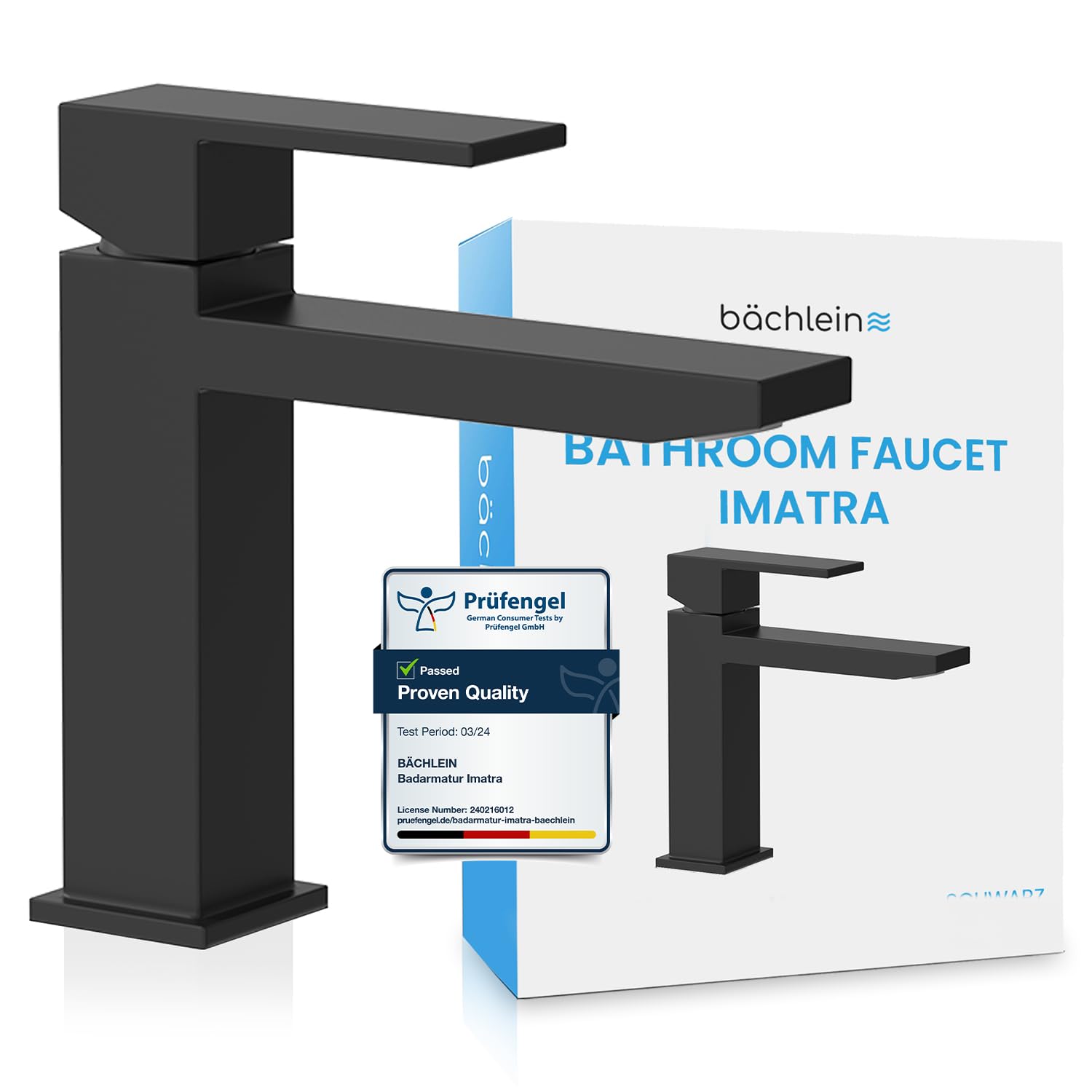 Bächlein Standard - Matt Black Faucet For The Bathroom In Angular Design, Single-Lever Mixer With Clear Lines In A Modern Look, Matt Black Bathroom Water Tap