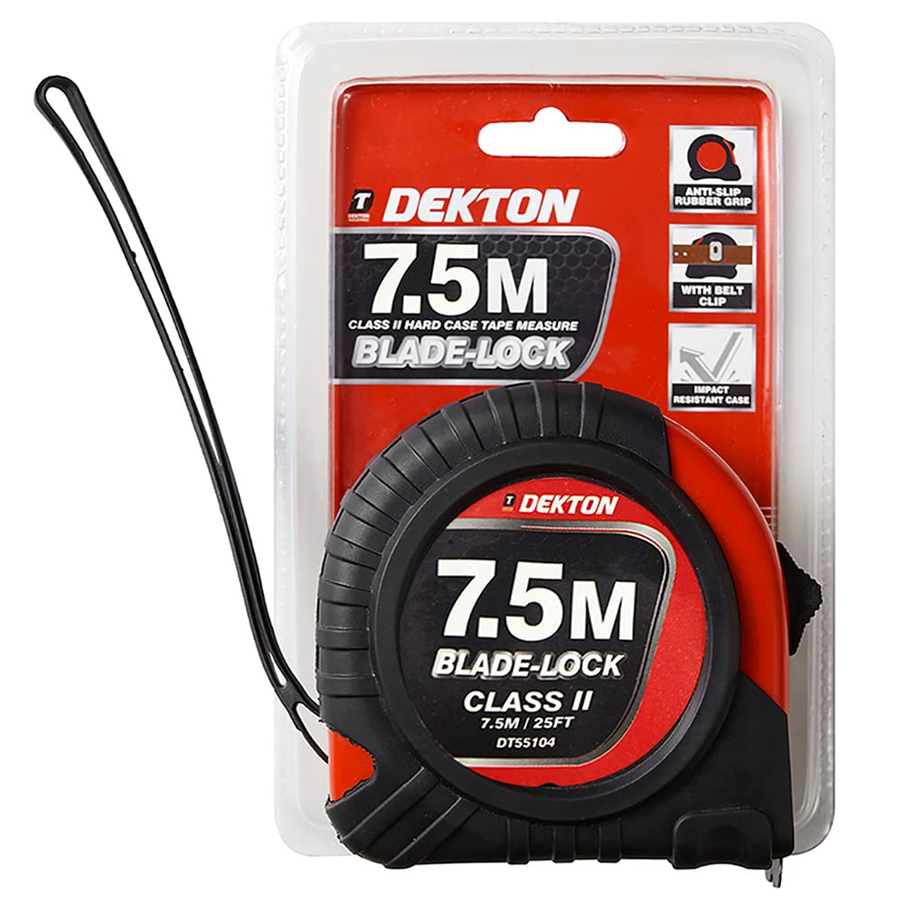Dekton 7.5m X 25mm Hard Case Tape Measure-7.5m/10ft Blade-lock| Belt Clip| Rubber Grip| High Carbon Steel| Imperial And Metric Units| Durable, Accurate With Robust Hard Case| Easy-to-read Measurements