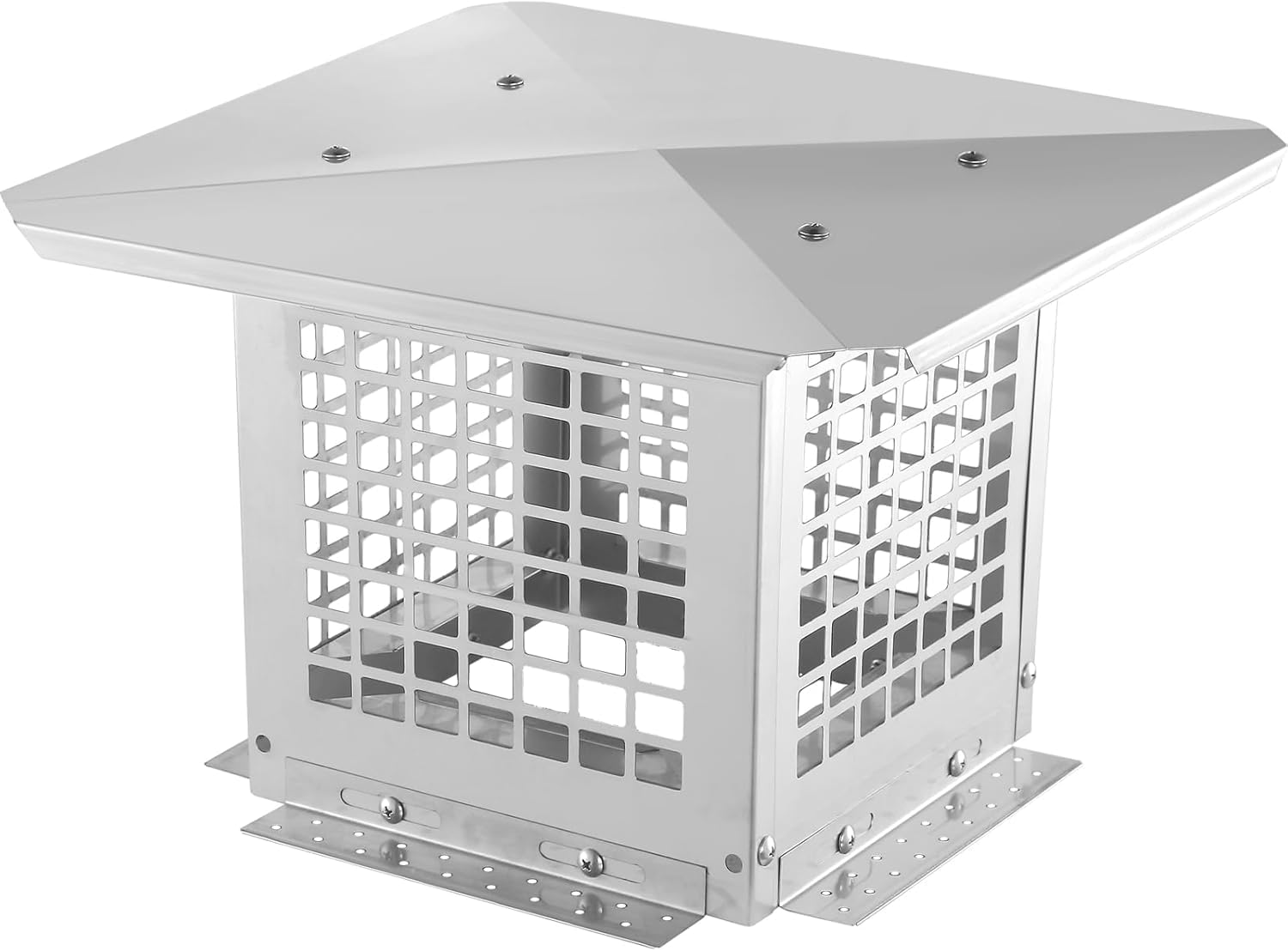 Chimney Cap - 12x12 Inch Square, Stainless Steel, Adjustable Bottom, Mesh Covers, Clay Flue Compatible
