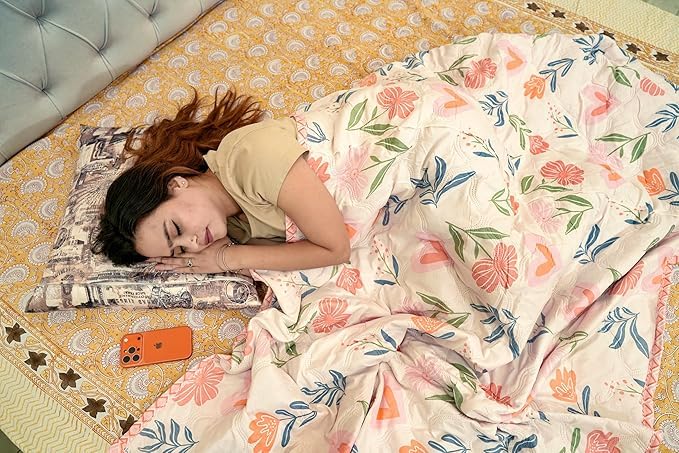 Image of MITUL Dohar Double Bed 100% Cotton Blankets for Summer | 90x100inch, 150GSM Ac Comforter and Cooling Blankets for Summer | Classic Printed Design | Quilt (Design RED Flower, Single BE)