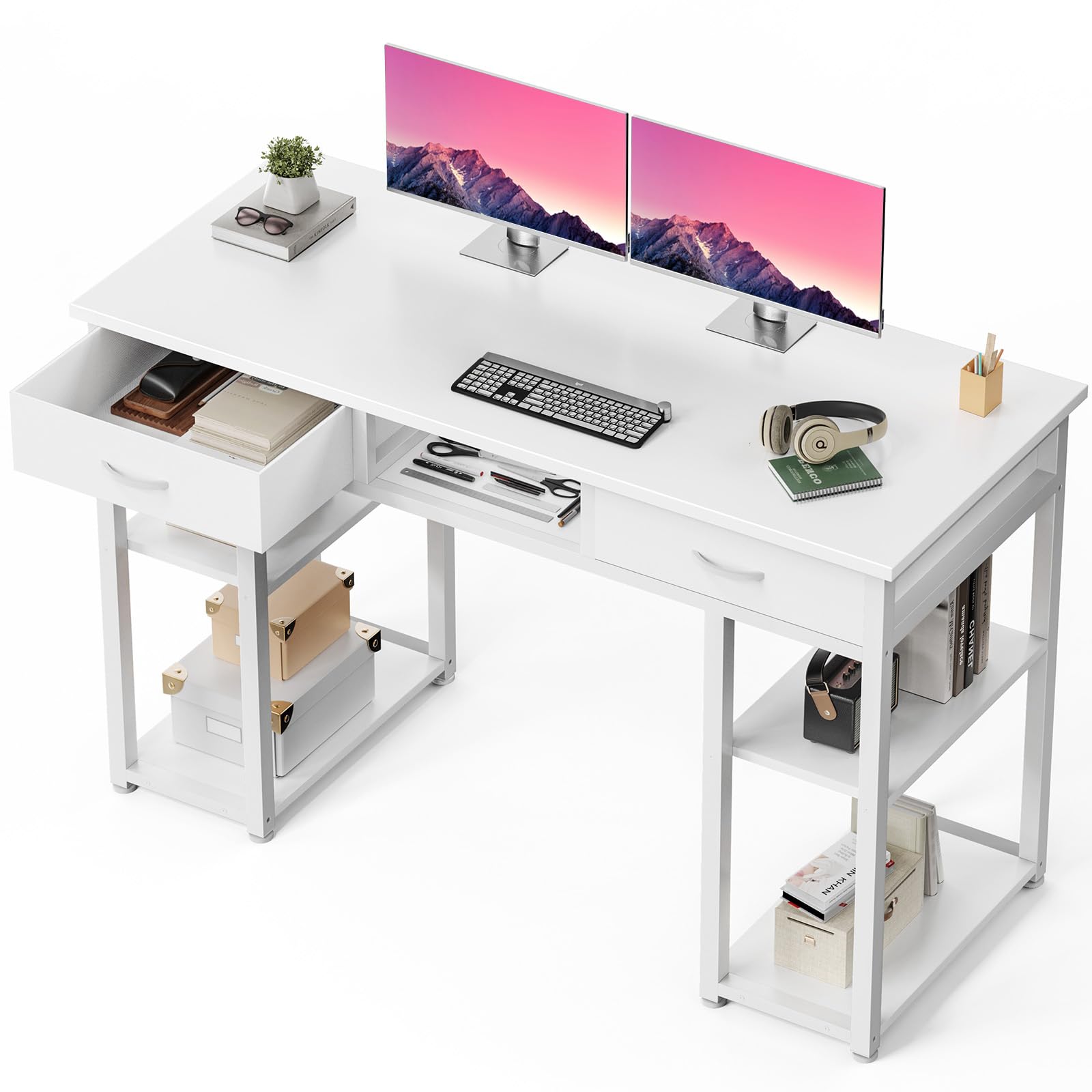 DUMOS 48" Small Computer Home Office Desk for Bedroom with Drawers, Gaming Writing Study Table with Storage Shelf, Adjustable Feet, Metal Frame White