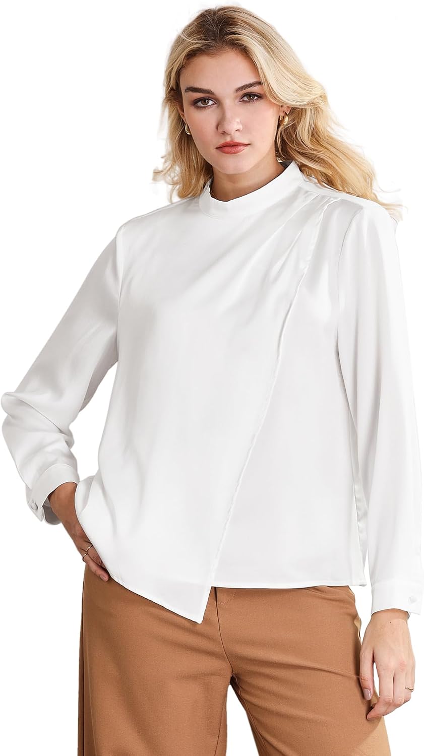 Hobemty Women's Mock Neck Satin Top Long Sleeve Pleated Front Work Office Blouse