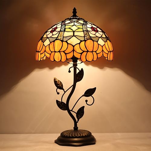 Tiffany - Lámpara de mesa de cristal de color naranja, lámpara de mesa de mesita de noche, luz de lectura de 12 x 12 x 19 pulgadas con base de hojas