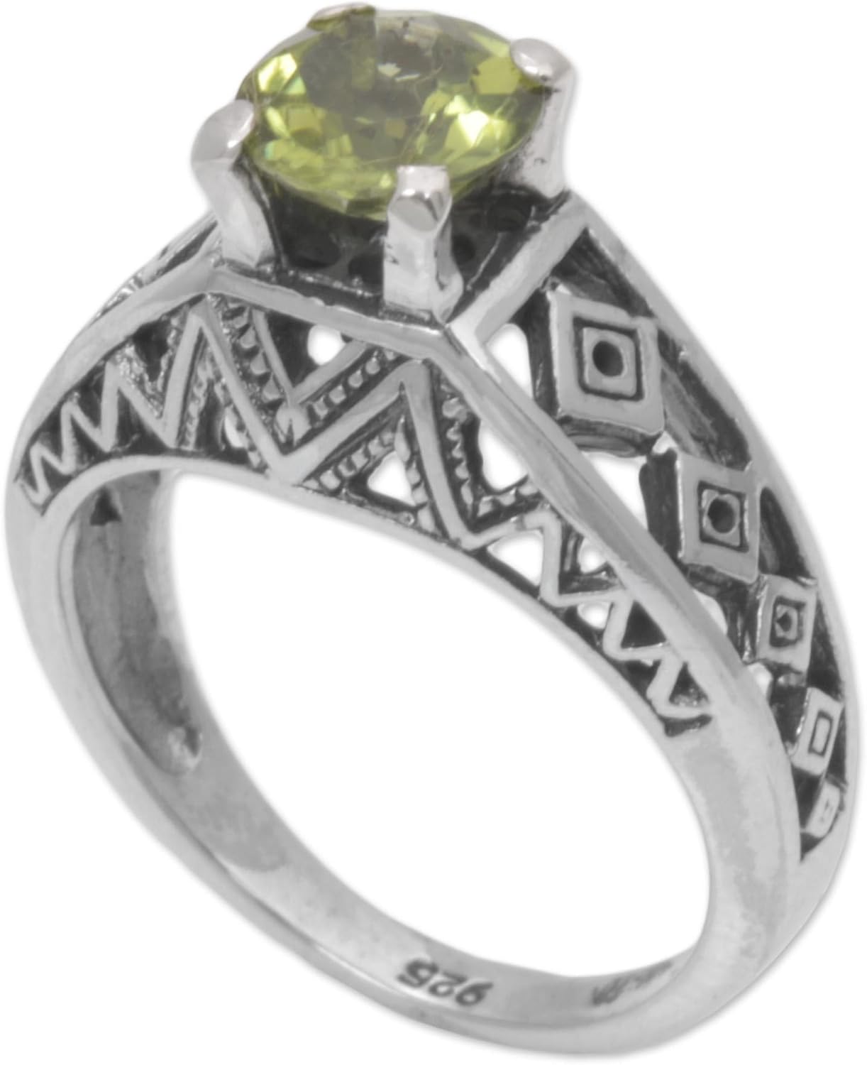 NOVICA Artisan Handcrafted Peridot Cocktail Ring Silver Lattice Sterling Green Single Stone Indonesia Geometric Birthstone 'Sky Goddess Temple'