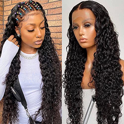 vanlov 28inch Human Hair Lace Wigs Glueless Deep Wave Wigs Wet and Wavy Lace Frontal Wigs Brazilian Virgin Hair Transparent Lace Front Wigs Pre Plucked with Baby Hair Deep Wave Full End Lace Wigs
