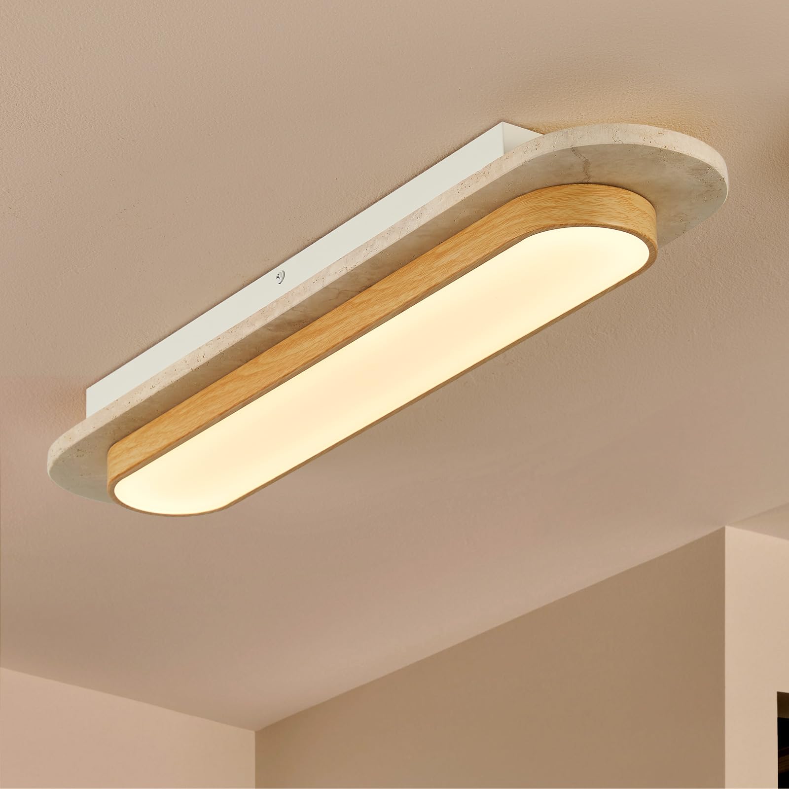 Photo 1 of [DAMAGED] 23.6 inch Wabi Sabi Travertine Ceiling Light Fixture, Natural Stone Linear Ceiling Lamp with Wood Grain Metal Frame, 3000K LED Travertine Stone Flush Mount Light for Hallway, Entrance, Corridor