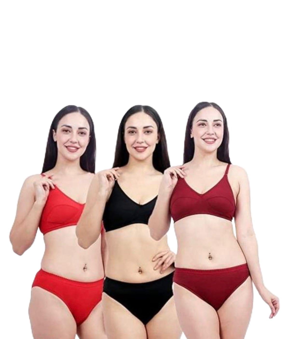 Women's Padded Bra and Panty Set, Red, Black, and Maroon, Pack of 3-picture-48