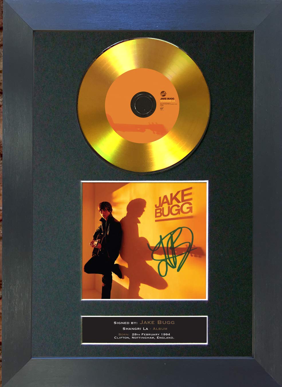 The Autograph Collector Gold,Black #90 Gold Disc Jake Bugg Shangri La Album Signed Autograph Mounted Photo Reproduction A4 Print (Black Frame)
