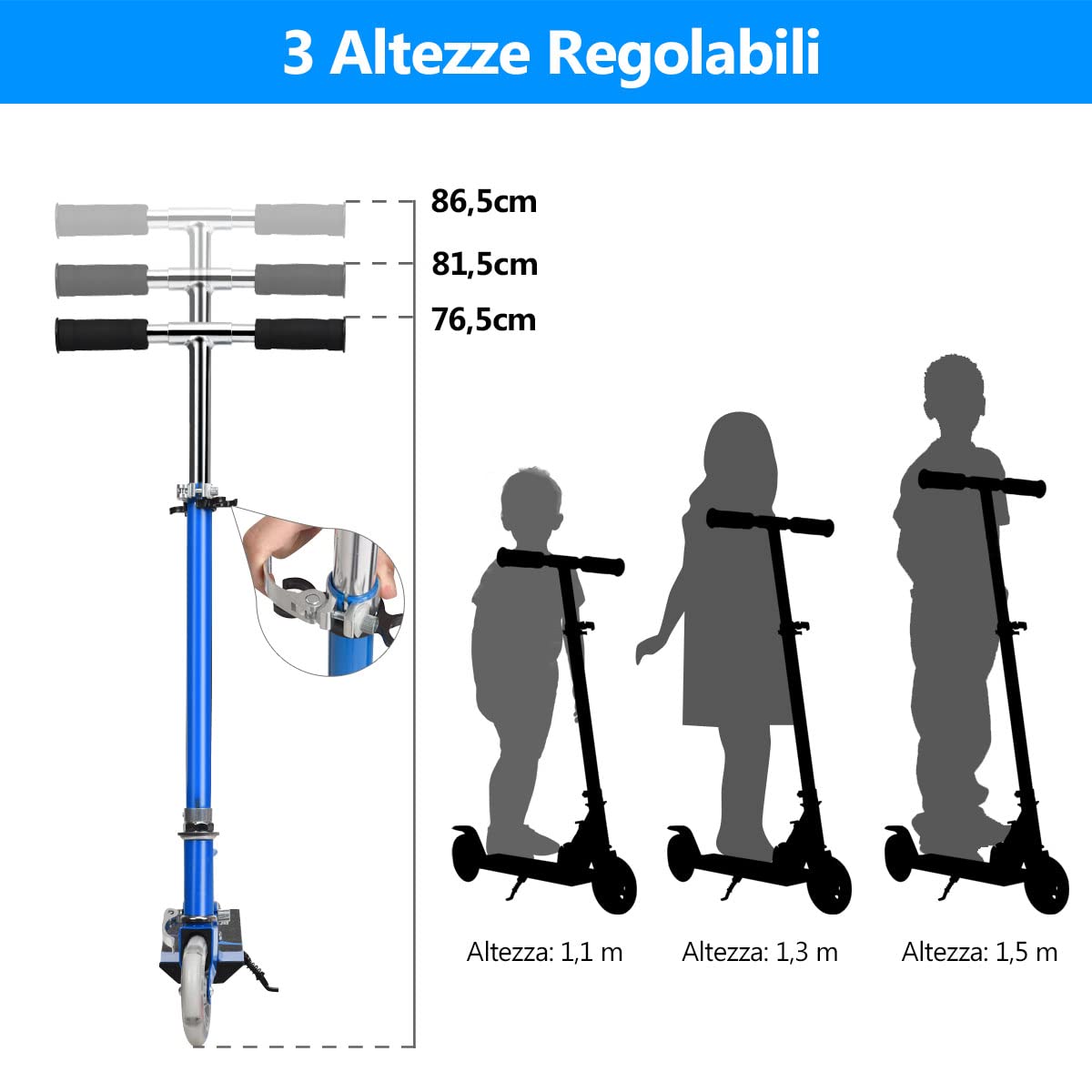 COSTWAY Monopattino Bambini, Monopattini con 2 Ruote Luci, Manubrio Regolabile in 3 Altezze, Freno Posteriore, Cavalletto e Pedana Larga, Portata 70 kg, Adatto ai Bambini 5-13 Anni