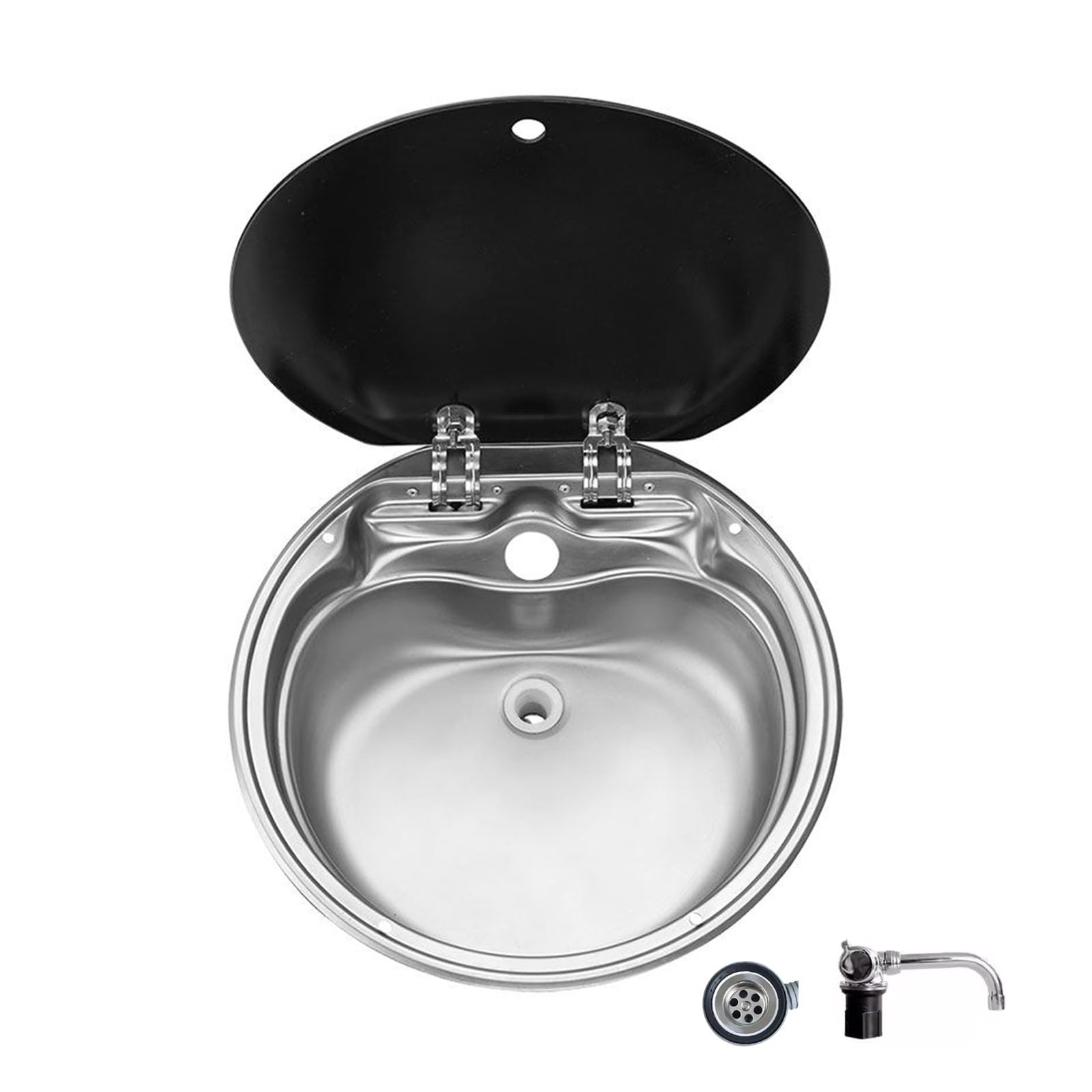 Fregadero Portatil Camping Redondo, Acero Inoxidable 304, Lavabo Caravana con Tapa de Vidrio Reforzado, Incluye Conjunto de Desagüe, Apto para Remolques Camper