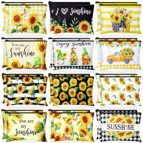 Blosssound 24 Pcs Cosmetic Bags Makeup Bags Bulk Cute Portable Pouches with Zipper Travel Toiletry Organizer Purse Women's Gift Birthday Party Favors(Sunflower)