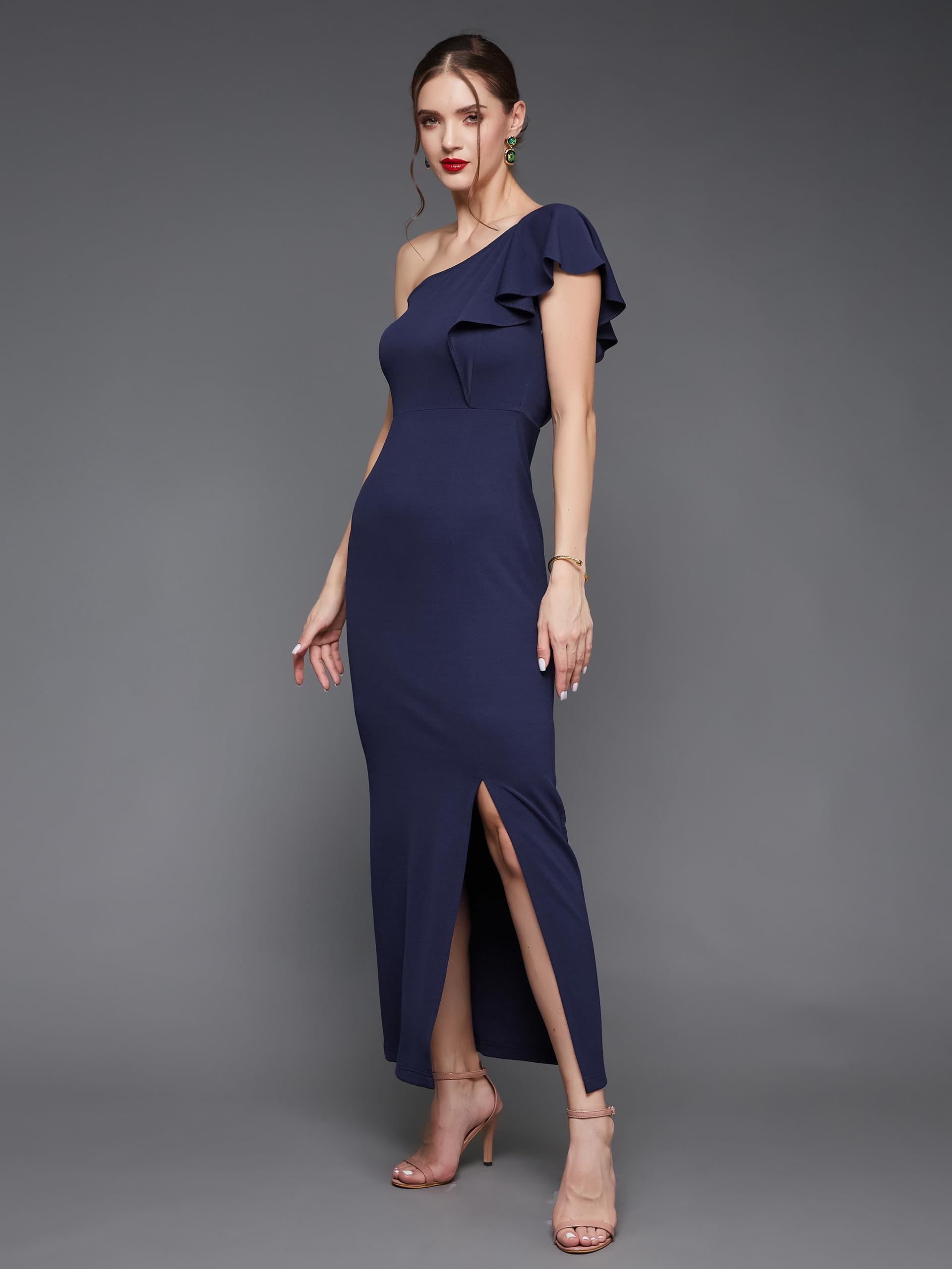 Miss Chase Women's Solid One Shoulder Sleeveless Ruffled Maxi Dress(Mcss23D98-23-71-04, Navy Blue, M)