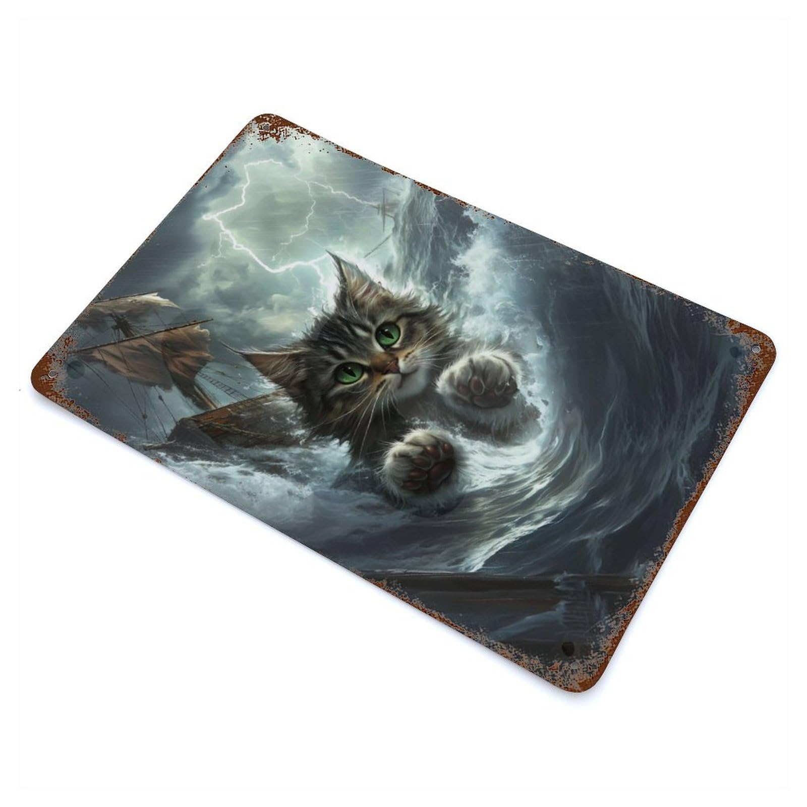 Monster Cat in The Sea 11.8"x7.9" Aged Metal Wall Plaque, Novelty Wall Decor for Shed, Workshop And Garage Wall Decor