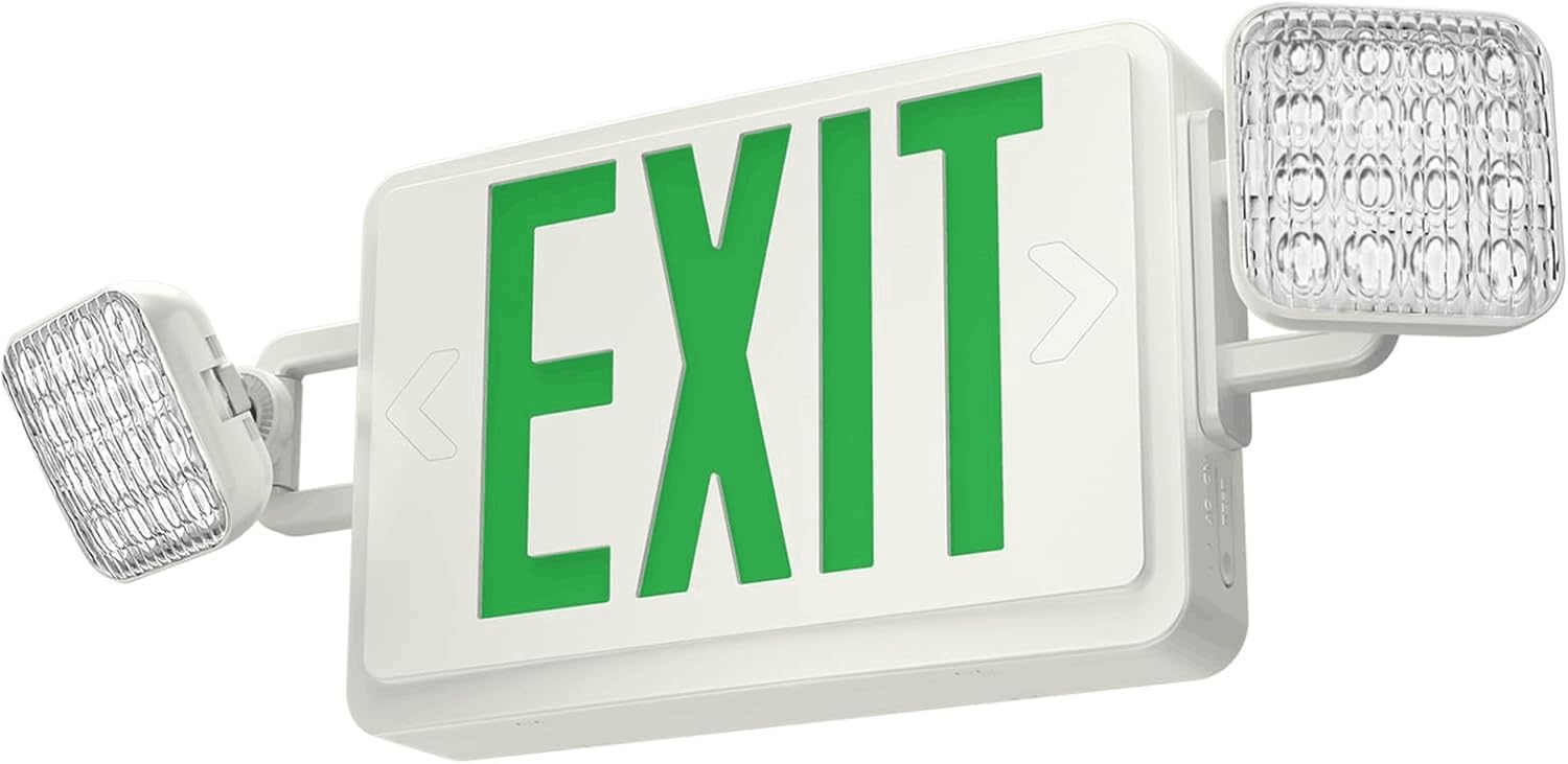 SPECTSUN Led Green Emergency Exit Signs with Battery Backup -Two Adjustable LED Exit Lights Combo, Backup Battery, 120-277V, Wall Or Ceiling Mount, Commercial Grade Double Sided UL Listed.