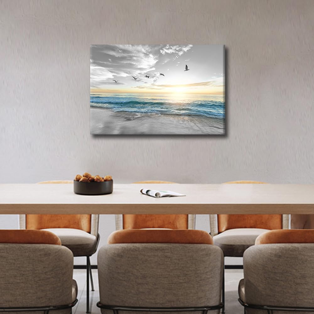 TISHIRON Black and White Canvas Prints Wall Art Beach Sunset Ocean Waves Seagulls Nature Pictures Stretched Canvas Wooden Framed for living Room Bedroom and Office 16x24inch - Image 2