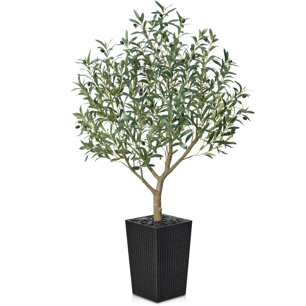 VeriNatural Artificial Olive Tree 5FT, UV Resistant Tall Fake Tree Indoor Outdoor with Black Taper Planter & Pebbles – Potted Large Faux Plant for