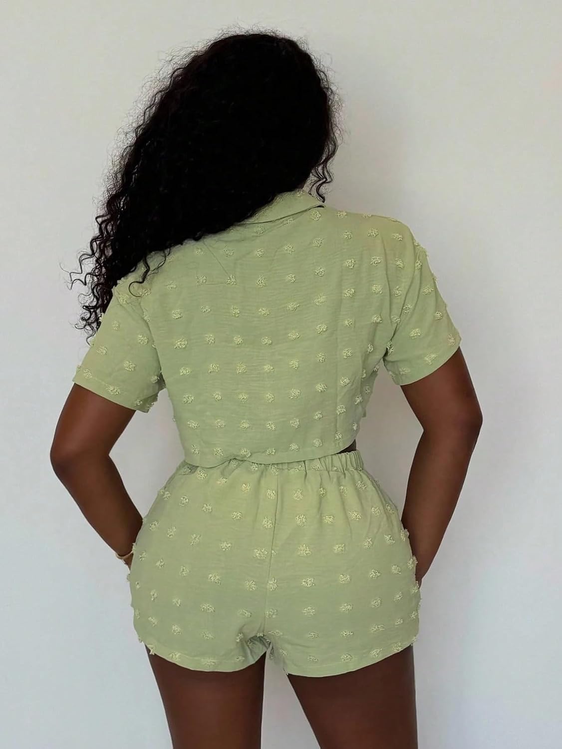 Womens 2 Piece Outfits Set - Casual Mint Green Button Front Blouse And Mini Shorts For Summer 2026