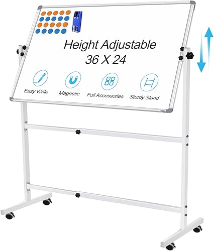 Miniatura 10 de Pizarra blanca móvil de doble cara de 48 x 36 pulgadas, pizarra blanca magnética rodante con soportes, pizarra blanca con soporte, pizarra blanca