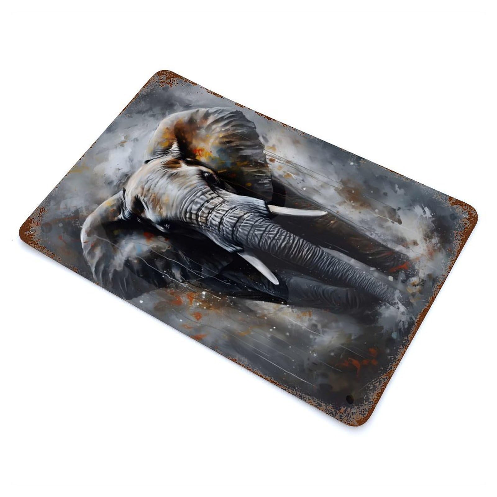 Oil Elephant Portrait Aged Metal Wall Plaque 11.8"x7.9", Industrial Home Decor for Pub, Kitchen And Man Cave Decor