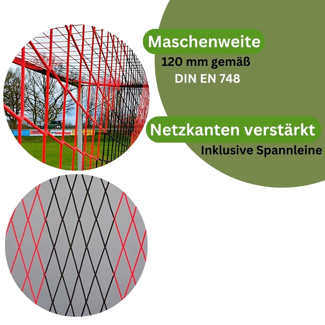 Fußball Tornetz Fußballtornetz 7,50 m x 2,50 m Tiefe Oben 0,80 unten 2,00 m Fußballnetz zweifarbig PP 4 mm Farbe Schwarz/Rot