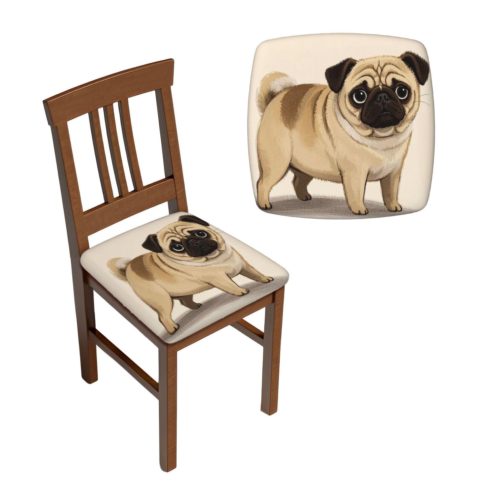 FodPand 6PCS Dining Chair Covers for Dining Room Cartoon Pug Chair Seat Cover Stretch Parsons Chair Slipcover Removable Washable Seat Cushion Slipcovers Cover for Kitchen Office